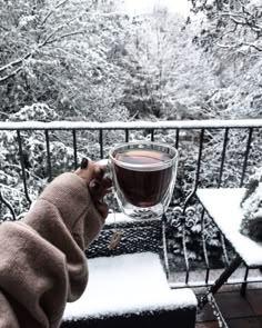 a dog is sitting on a balcony with a cup of tea in its mouth and looking at the snow covered trees