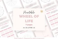 the wheel of life worksheet is shown in pink and white, surrounded by other papers