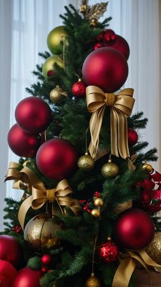 a christmas tree with red and gold ornaments