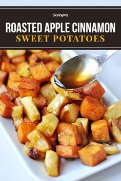 roasted apple cinnamon sweet potatoes on a white plate with a spoon in it and text overlay reading roasted apple cinnamon sweet potatoes