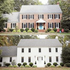 two pictures of a white house with black shutters and trees in the front yard