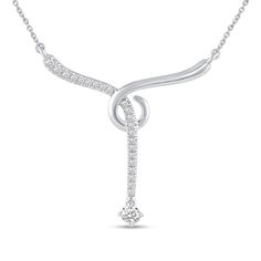 Elevate your look with the playful sophistication of this diamond "Y" necklace in white gold. Fashioned in 14K white gold A sparking 1/10 ct. diamond punctuates a diamond-lined ribbon that threads through a curled polished loop. Radiant with 1/4 ct. t.w. of diamonds This design suspends centered along cable chain that secures with a lobster claw clasp. 18.0-inch total length. Gothic Floral, Y Necklace, Rose Ring, Gift List, Jewellery Designs, Cable Chain, Lobster Claw, Necklaces Bracelets, Jewelry Design