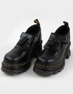 Dr. Martens Corran Atlas Leather Mary Jane Shoes. This New Chunky Heel Is Unmistakably Dm's, With Exaggerated Lugging And A Grooving Pattern To Mirror Their Signature Dms Outsole. This Statement Mary Jane Silhouette Is Built From Atlas Leather With A Leather Kiltie, Tassels, And A Distinctive Square Toe Shape. The Shoe Is Also Detailed With Tonal Stitching, A Gunmetal Buckle, And A Black And Yellow Dm's Heel Loop. Dr. Martens' Signature Yellow Welt Stitching Stands Out As An Unmistakable Final Touch. Atlas Is A Classic Waxed Aniline Leather With A Subtle Pull-Up And A Slight Sheen. Made With Goodyear-Welted Lines That Are Heat-Sealed And Reinforced With Signature Welt Stitch. Approximate Platform Height: 1". Approximate Heel Height: 3". Imported. Leather Mary Jane Shoes, Fab Shoes, Mary Jane Shoes Womens, Platform Mary Janes, Soft Shoes, Black Shoes Women, Shoes Heels Wedges, Leather Mary Janes, Silver Shoes