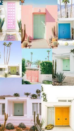 many different doors and windows with cactus trees in the background