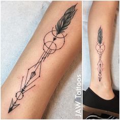 two pictures of tattoos on the legs and one with an arrow, which has a feather in it