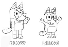 two cartoon characters with the words bluey and blingo written in black ink