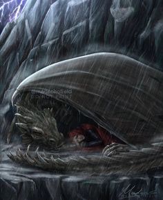 a drawing of a monster in the rain with a woman under it's head