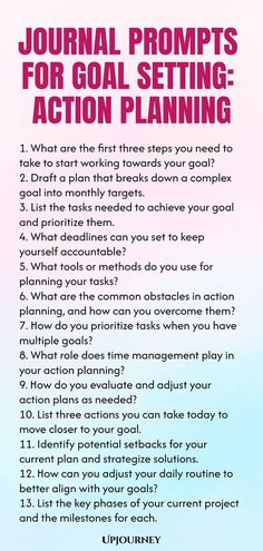 a pink and blue poster with the words journal prompts for goal setting action planning