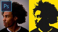 a man with curly hair next to an image of a person in black and yellow