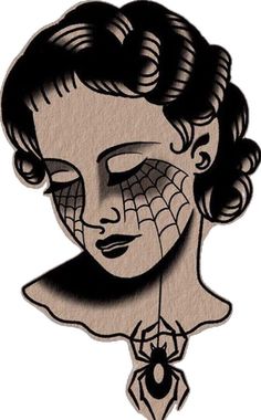 a drawing of a woman with spider webs on her face