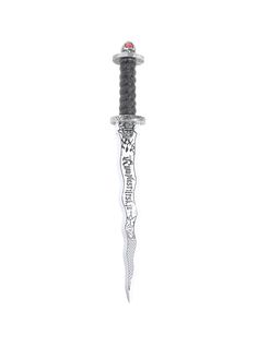 a black and silver dagger with red accents