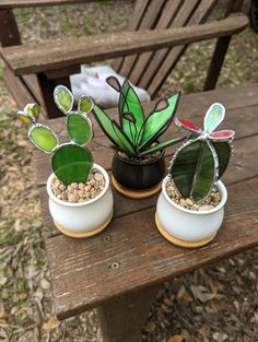 three potted plants are sitting on a bench