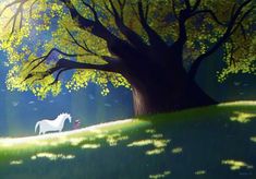 a painting of a white horse standing under a tree in the middle of a field