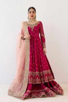 Pink Fitted Organza Wedding Dress, Fitted Pink Organza Wedding Dress, Pink Anarkali Gown With Intricate Embroidery, Pink Organza Gown With Floral Embroidery, Festive Pink Gown With Fitted Bodice, Pink Long Sleeve Anarkali Set For Reception, Pink Semi-stitched Embroidered Gown, Wedding Dress With Resham Embroidery And Fitted Bodice, Long Sleeve Gown With Sheer Dupatta For Reception