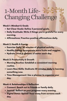 Ready to transform your life in just one month? 🌟 Follow this weekly challenge guide to improve your mindset, health, productivity, and relationships. Simple, actionable steps each week to make lasting changes! Start your journey to a better you today! 💪✨ 1 Month Challenge Life, Dissapear For 1 Month, 1 Month Disappear Challenge, 1 Month, Transform Your Life