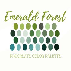 the emerald forest logo is shown in green, blue and white colors with words that read procreate color palette