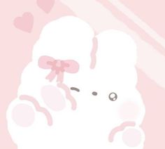 a white teddy bear with a pink bow on it's head and hearts in the background