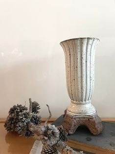 a white vase sitting on top of a table next to pine cones and other decorations