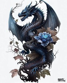 a blue dragon sitting on top of a tree branch with flowers in its beak and wings