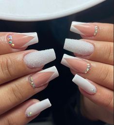 Diamond Nail Designs, Ombre Acrylic Nails, Simple Gel Nails, White Acrylic Nails, Girly Acrylic Nails, Acrylic Nails Coffin Pink, Acrylic Nails Coffin Short, Diamond Nails, Prom Nails