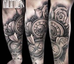 tattoos on both legs with clocks and roses