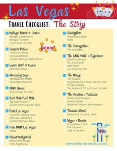 the las vegas travel checklist is shown in red and blue, with an image of a