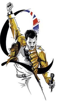 a drawing of a man holding a microphone and wearing a yellow jacket with the british flag on it