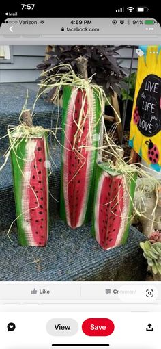 some watermelon planters are sitting on the ground next to a sign that says live life love