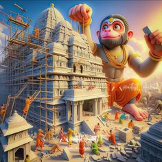 an animated painting of a monkey in front of a temple with people around it and scaffolding on the walls