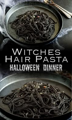 witches hair pasta on a plate with spoons and fork