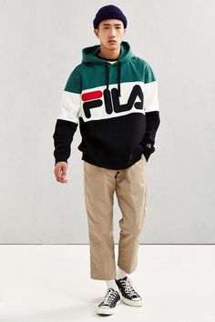 FILA Colorblocked Hoodie Sweatshirt - Urban Outfitters Urban Outfitters Style, Urban Outfitters Men, Fila Vintage, Mens Fashion Casual Winter, Vintage Clothing Men, Mens Fashion Suits, Mens Fashion Summer, Mode Vintage, Casual Hoodie