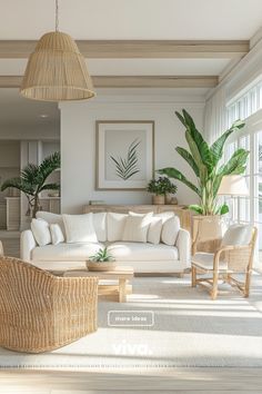 a living room with wicker furniture and plants