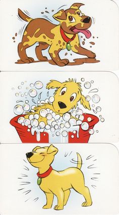 three cartoon pictures of dogs in tubs with bubbles and soapy water on them