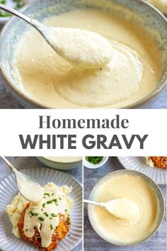 homemade white gravy in a bowl with spoon