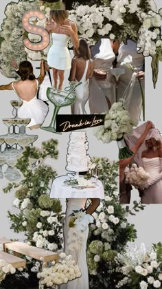 wedding collage with bride and groom in white gowns, flowers and champagne flutes