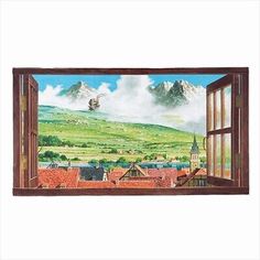 an open window with a painting on it