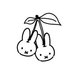 two bunnies hanging from a branch with leaves on it's ends and faces drawn in black ink