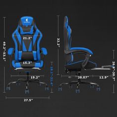 the blue and black office chair is shown with measurements