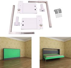 there are three different views of a bed in the same room, one is green and the other is white