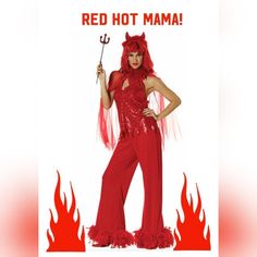 Costume #0030 Pmg Halloween * Brand “Red Hot Mama!” Cute Bell Bottoms Devil Costume Women’s Dress Size Small Fits Up To Dress Size 6 Costume Comes With: * Sexy Sequin Red Halter Top *Matching Red Pants * Matching Red Horns Headband Piece *Free Extra Pitchfork * Free Extra Makeup As A Gift! The Price Is $25 Check Out My Other Listings For More Great Items! Thank You! Devil Costume Women, White Overalls Shorts, Cute Bell Bottoms, Kim Possible Costume, Extra Makeup, Horns Headband, Tweed Skirt Suit, Red Halter Top, White Overalls