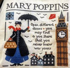 there is a cross - stitch pattern on the back of a bag that says mary poppin's open different doors and you may find what you have never knew