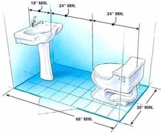 a bathroom with measurements for the toilet and sink