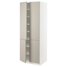 a tall cabinet with two doors and shelves