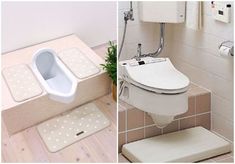 two pictures one with a toilet and the other with a bathtub attached to it