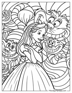 an adult coloring page with the image of princess and her friends