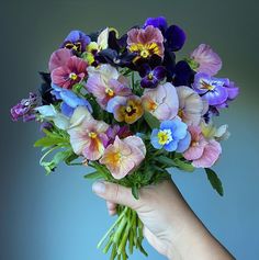 a hand holding a bouquet of flowers with purple and yellow flowers in it's center