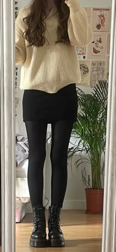 Outfit Inspo Neutral, Black Tights Fall Outfit, Professional Clothes For Women, Outfits For Sixth Form, White Sweater Black Skirt, Fairycore Fall Outfits, Fall Core Outfit, Going Out To Eat Outfits, Sixth Form Shoes