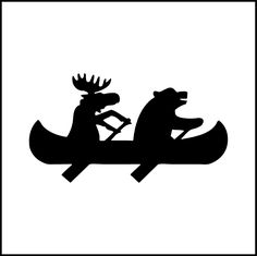 two bears are riding in a canoe with moose antlers on their heads and tails