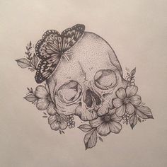 a drawing of a skull with butterflies on it's head and flowers around its neck