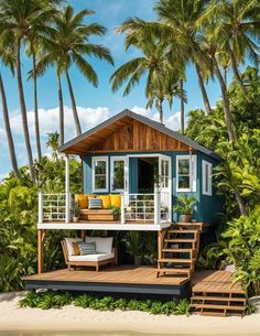 a small house on the beach surrounded by palm trees